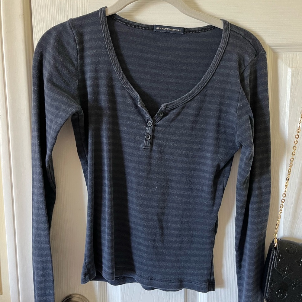 brandy melville Blue Fitted Ribbed Buttoned Long Sleeve Tee